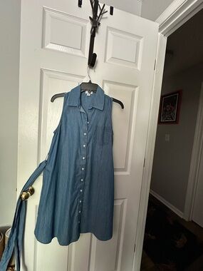Crown & Ivy | Sleeveless Button-Front Chambray Tie Dress - Blue